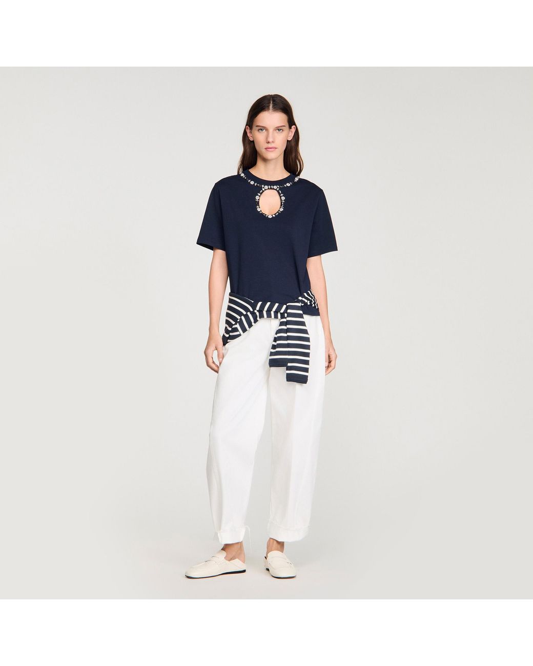 Sandro Blue Rhinestone Openwork T-Shirt