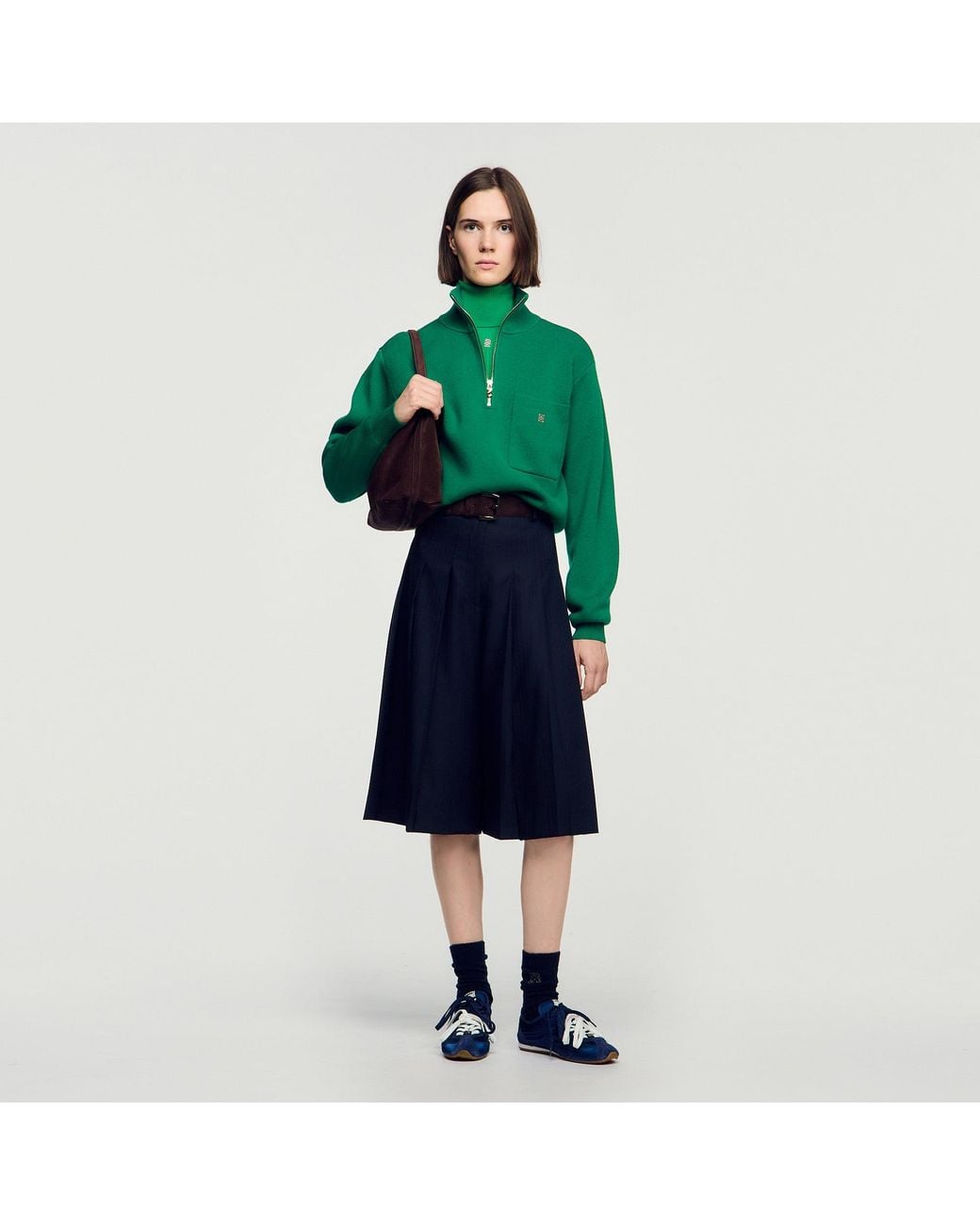 Sandro Green Roll-Neck Cable Knit Jumper