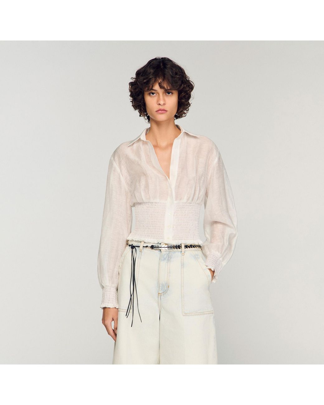 Sandro Natural Smocked Linen Shirt