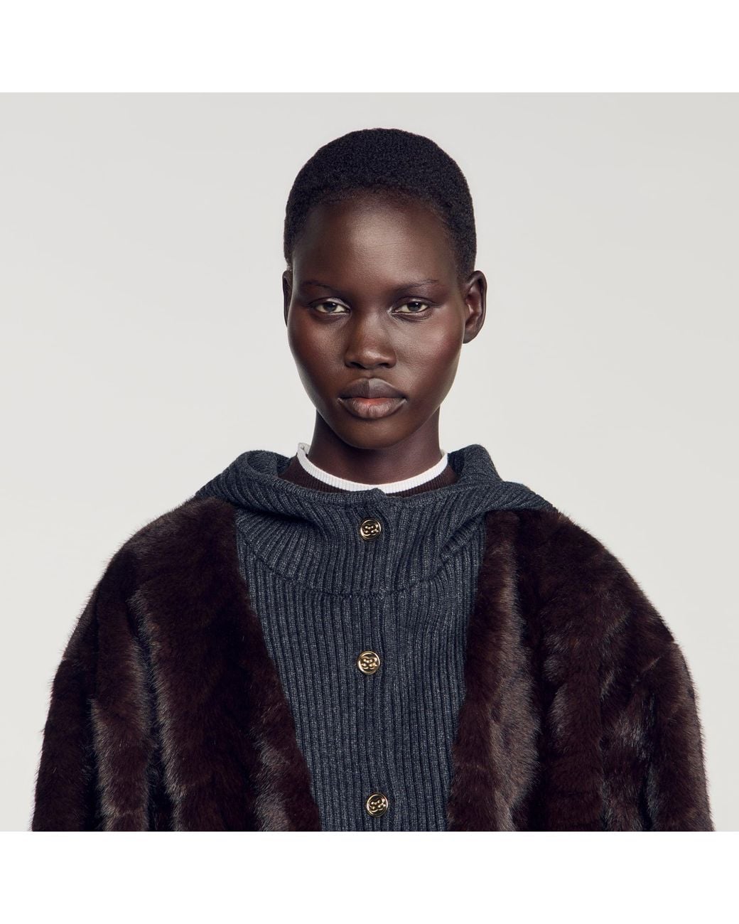 Sandro Blue Faux Fur And Knit Jacket