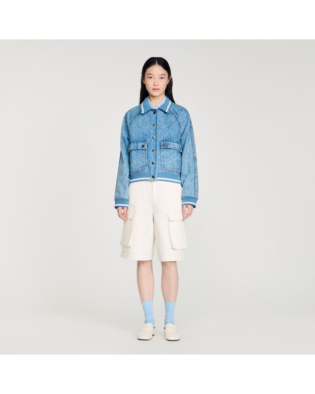 Sandro Blue Rib-Trimmed Denim Jacket