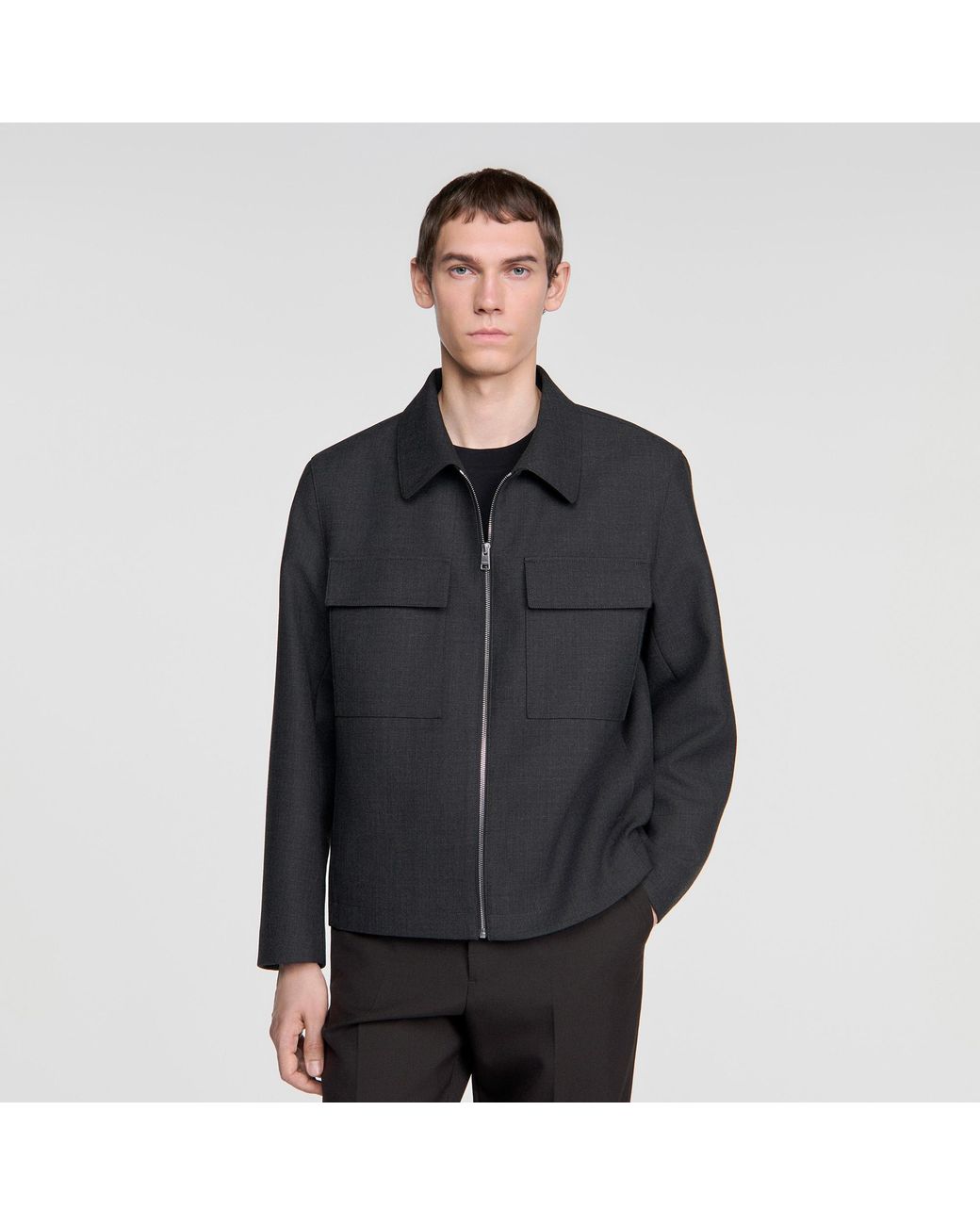 Sandro Black Straight Zip-Up Jacket for men