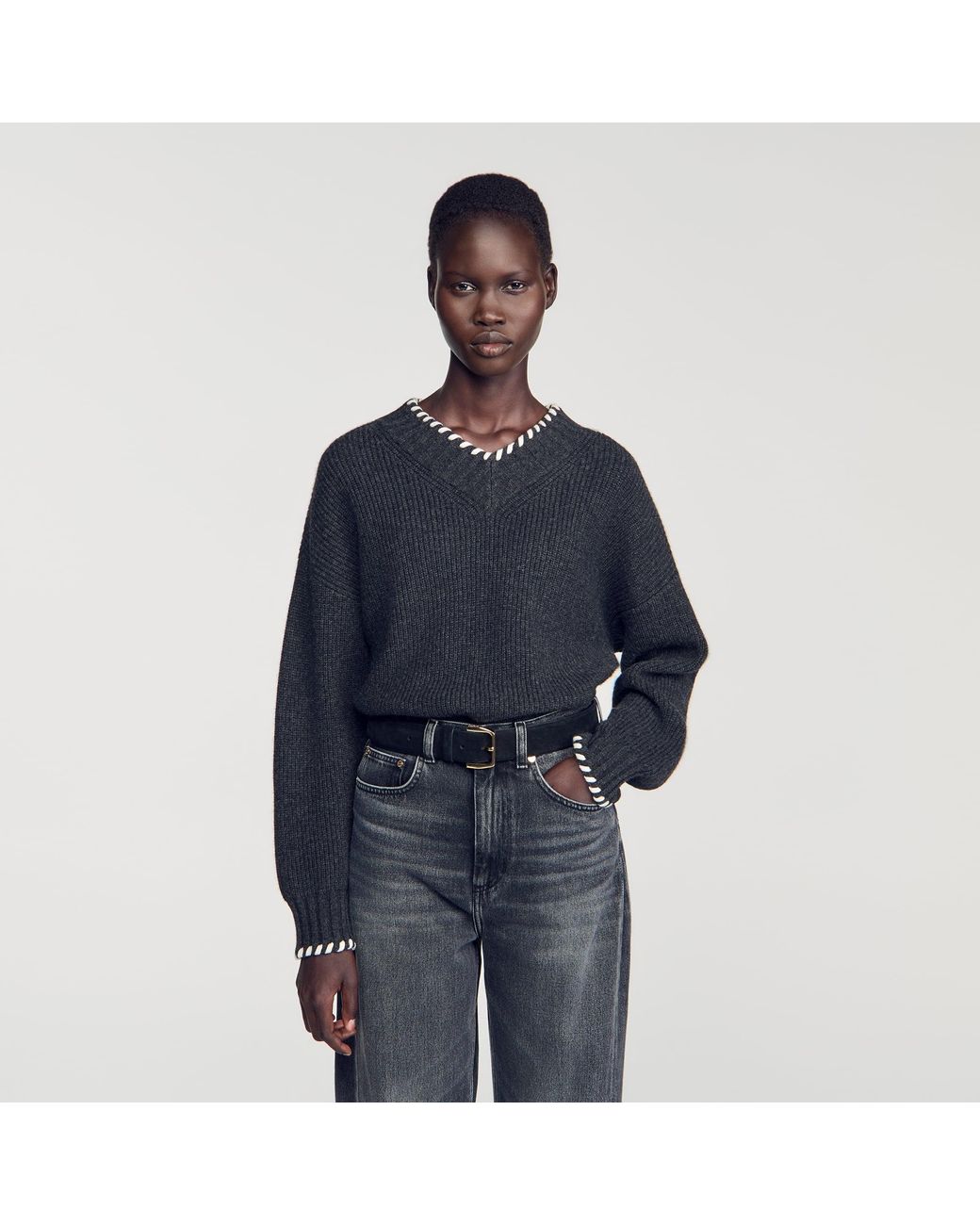 Sandro Blue Braided V-Neck Sweater