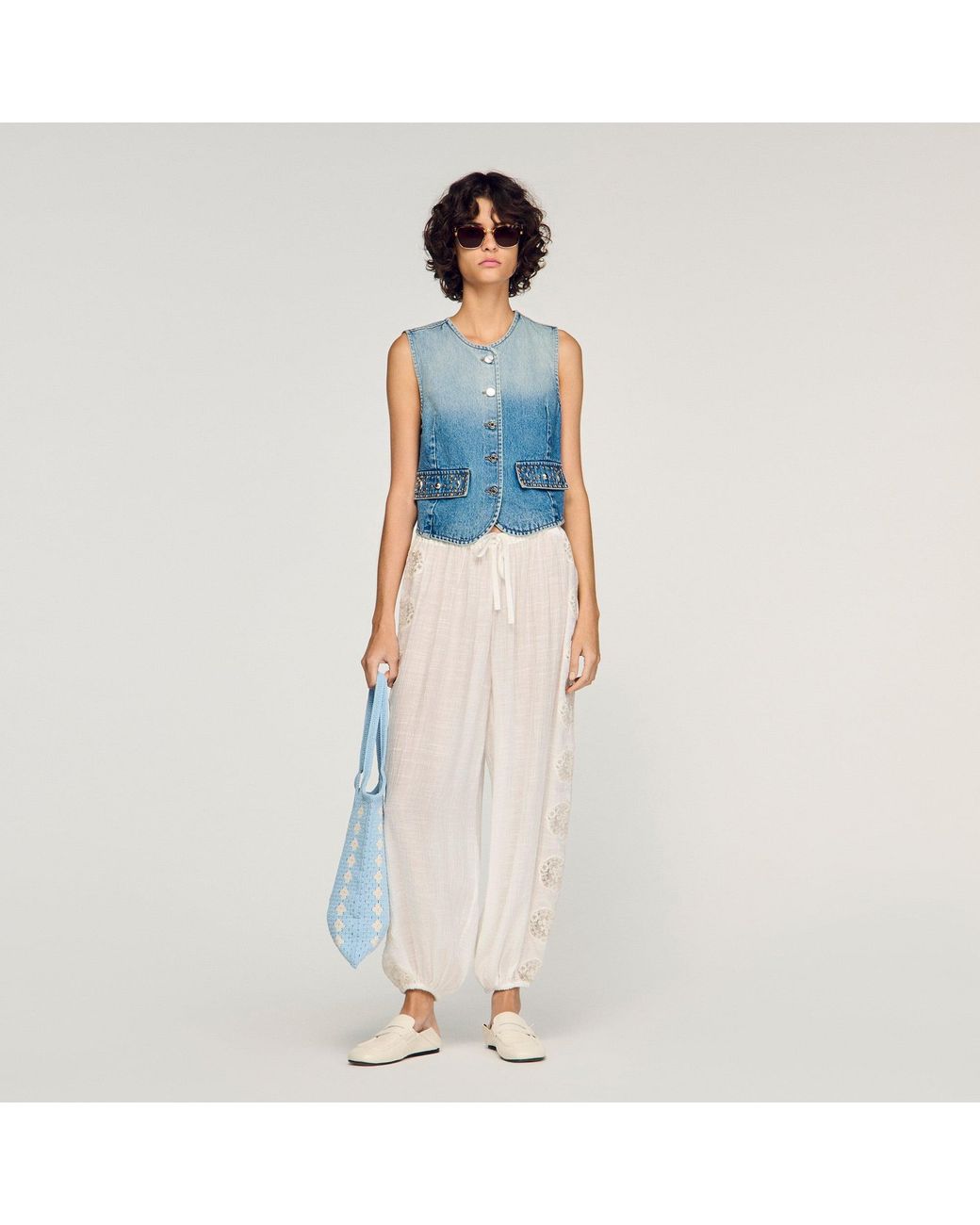 Sandro Blue Crinkled Wide-Leg Trousers