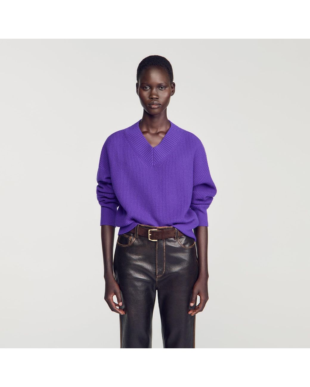 Sandro Purple Ribbed Wool And Cashmere Sweater