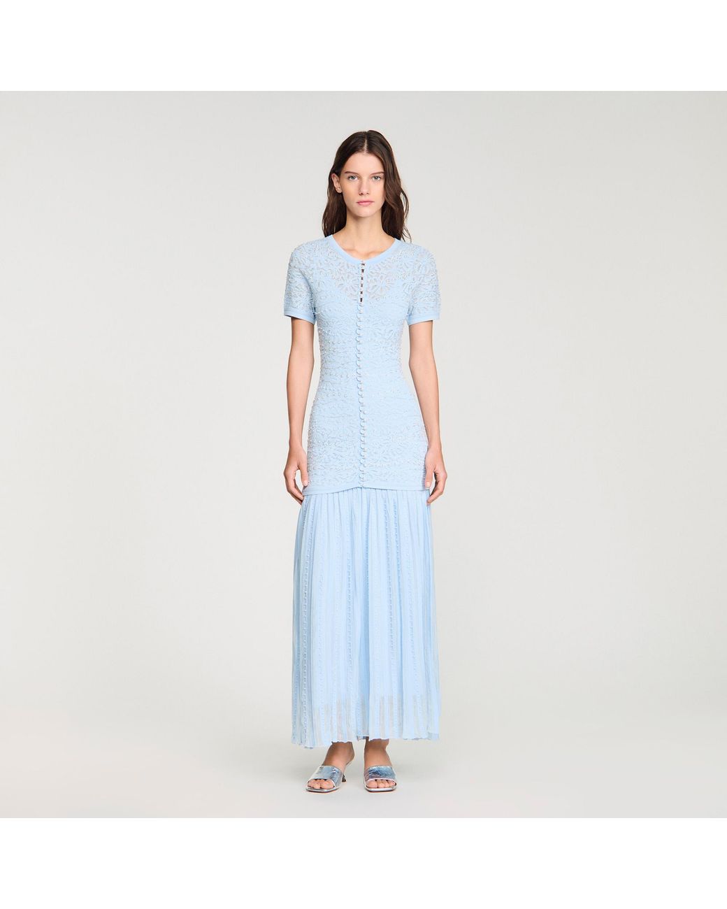 Sandro Blue Beaded Knit Maxi Dress