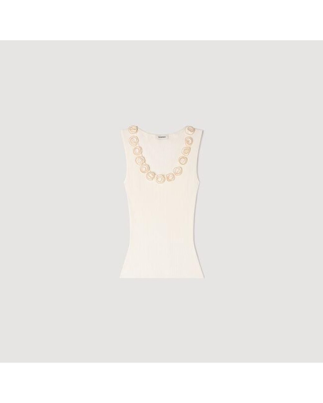 Sandro White Ribbed Jumper With Beaded Roses