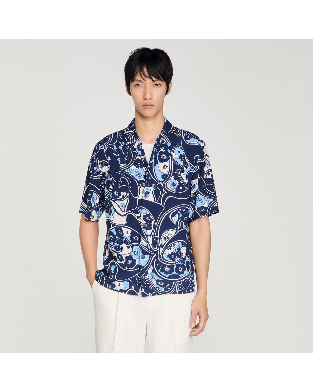 Sandro Blue Loose-Fit Print Shark Collar Shirt for men