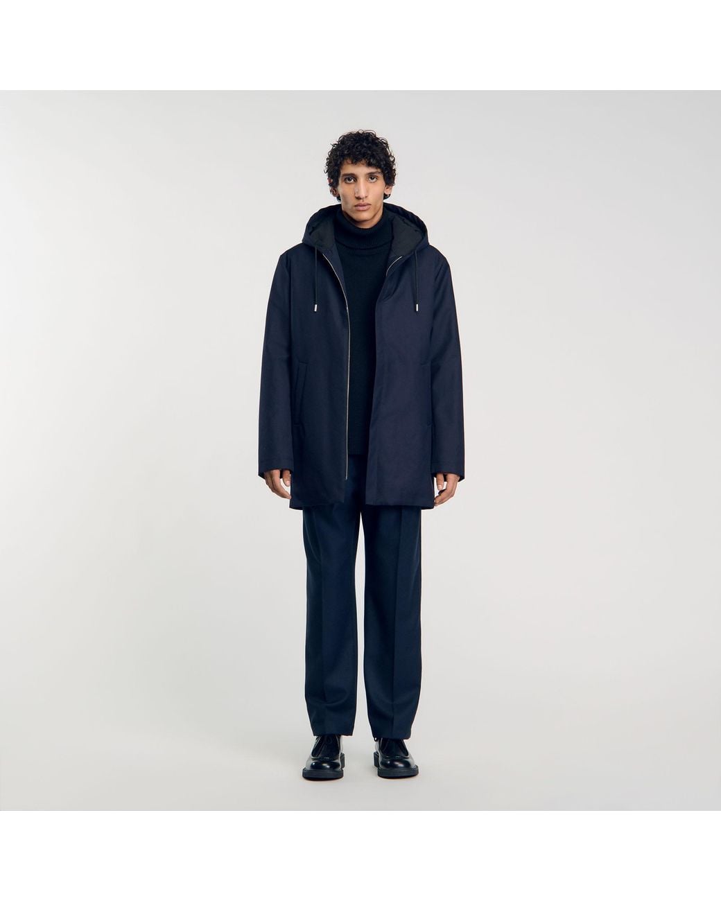 Sandro Blue Navy Technical Quilted Hooded Zip Parka for men