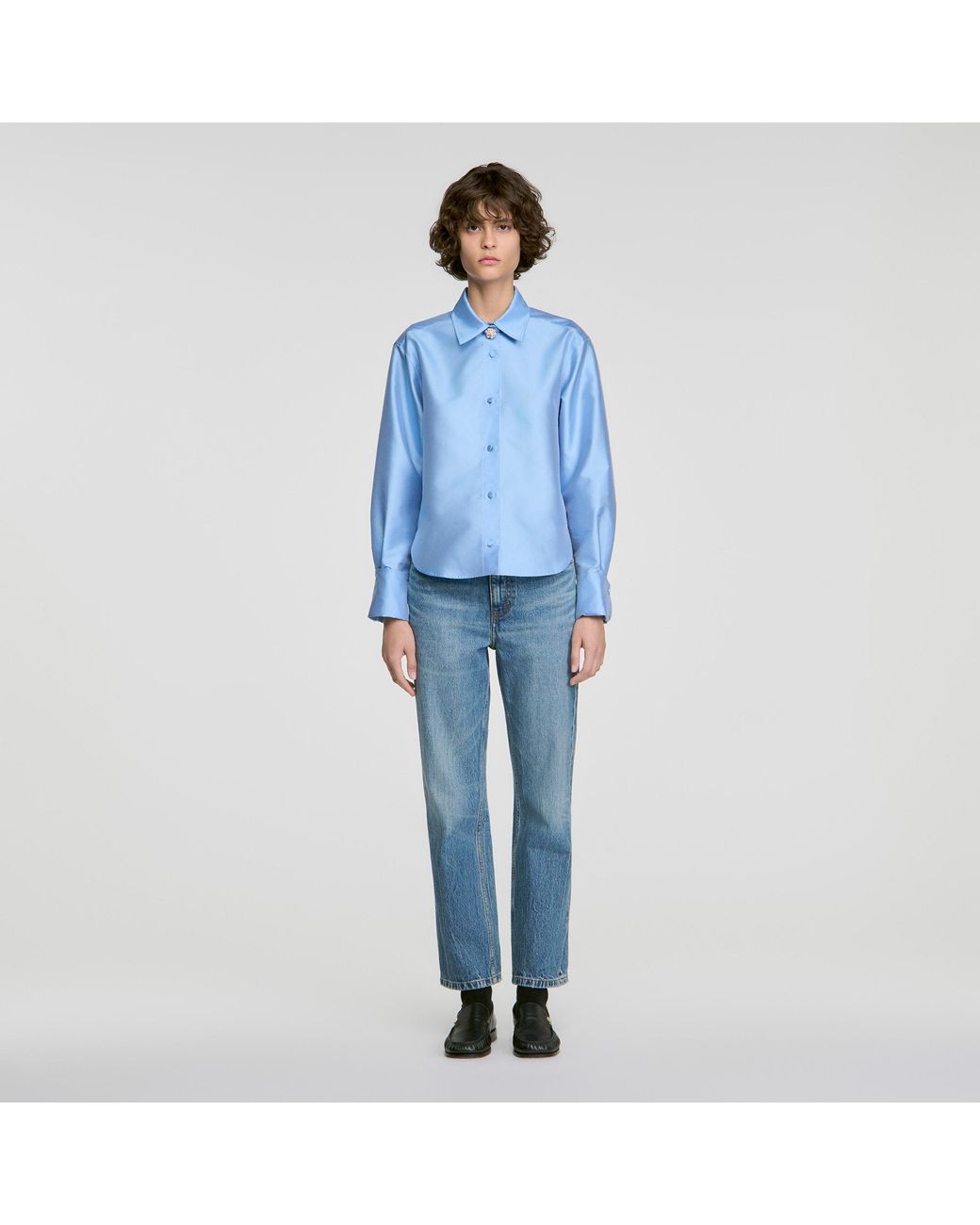 Sandro Blue Jewelry Detail Satin Shirt