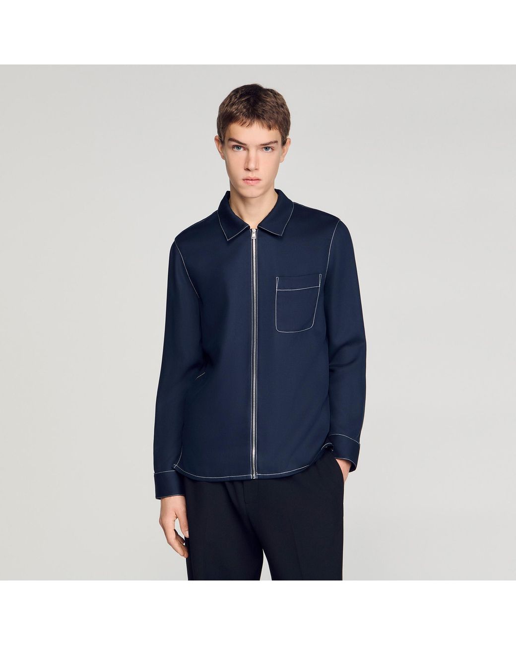 Sandro Blue Loose-Fit Zip-Up Shirt for men