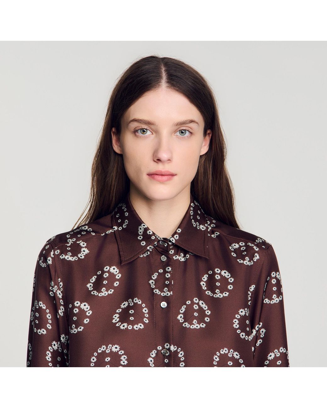 Sandro Brown Floral Print Silk Shirt