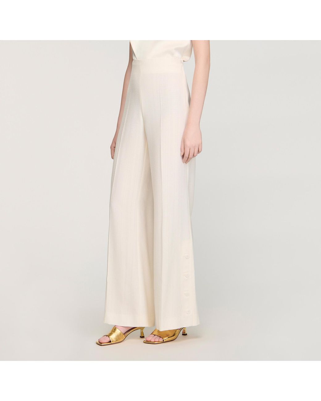 Sandro Natural Buttoned-Slit Straight-Leg Trousers