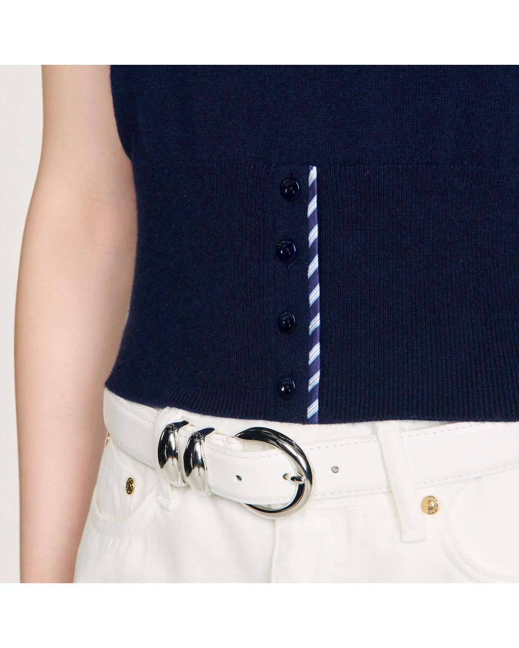 Sandro Blue Cropped Stripy Wool-Cashmere Jumper