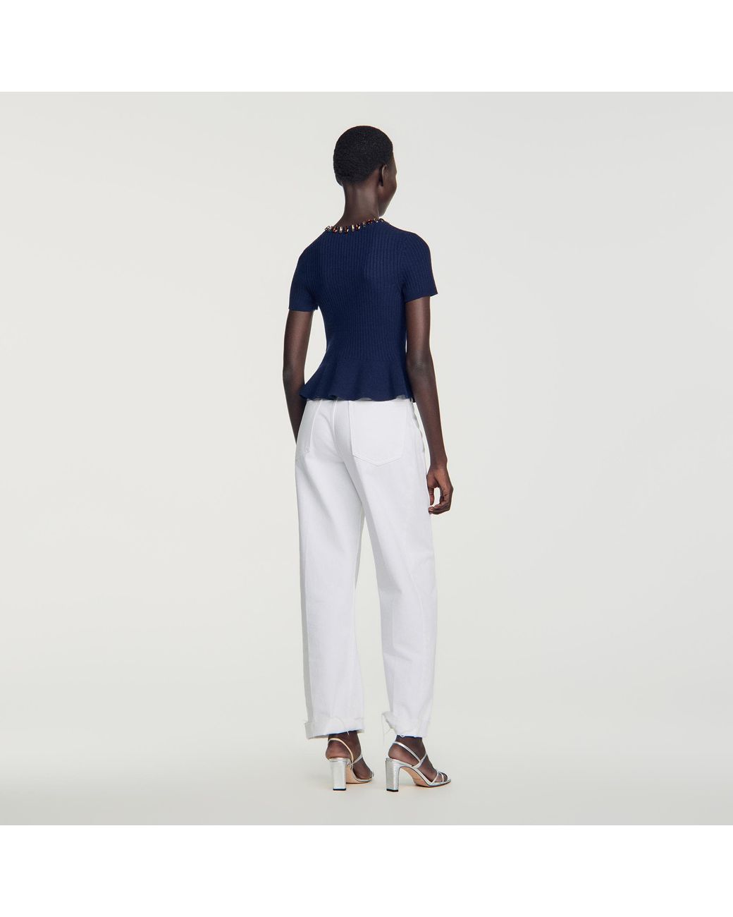 Sandro Blue Peplum Sweater With Rhinestone Neckline