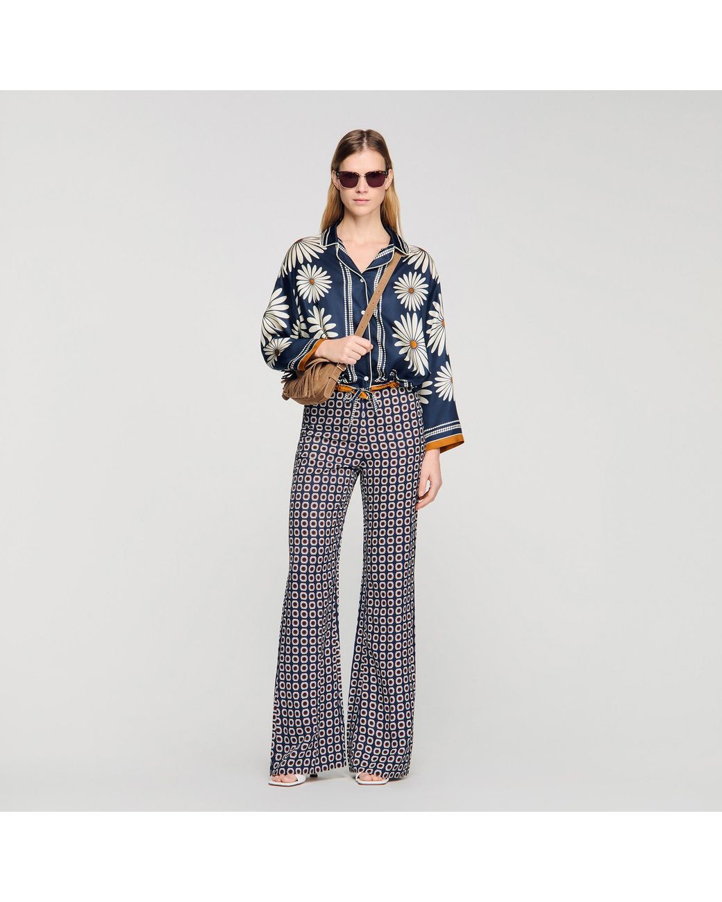 Sandro Blue Floral Print Silk Shirt
