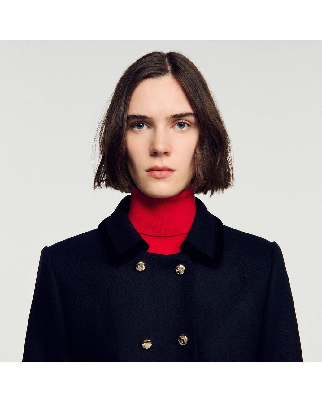 Sandro Blue Mid-Length Coat With Velvet Collar