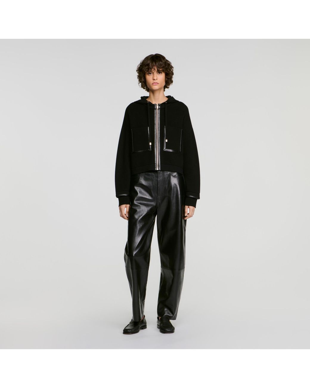 Sandro Black Hooded Cardigan With Leather Trim