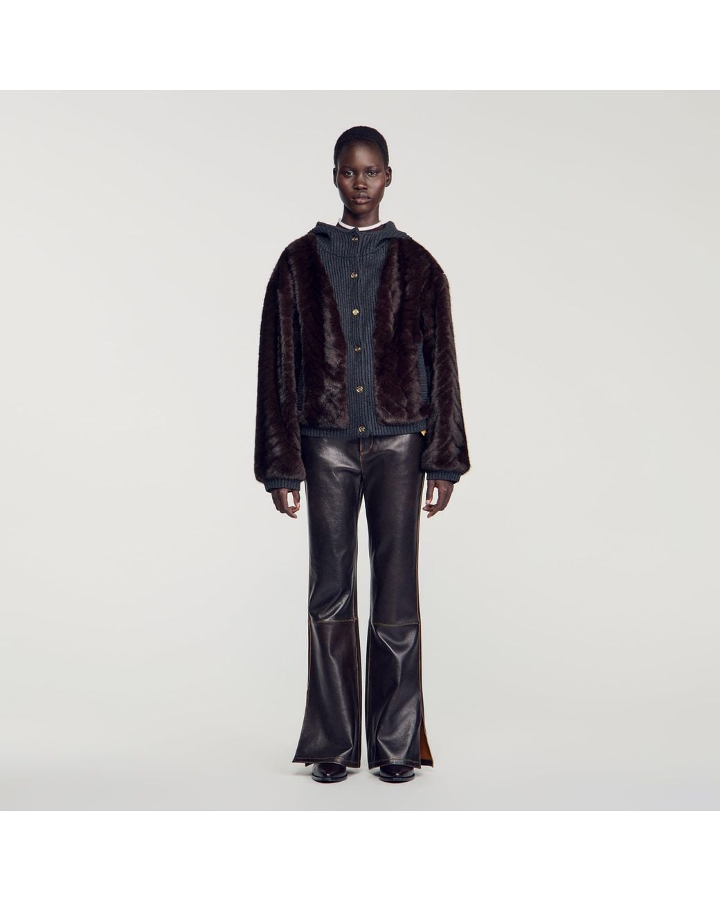 Sandro Blue Faux Fur And Knit Jacket