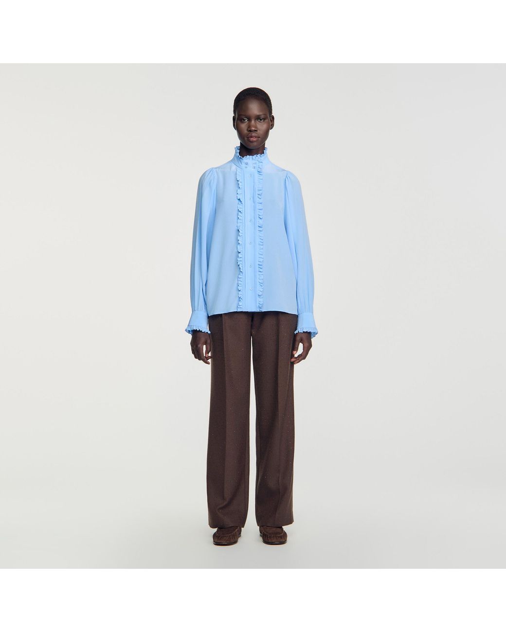 Sandro Blue Silk Shirt With Gathered Collar