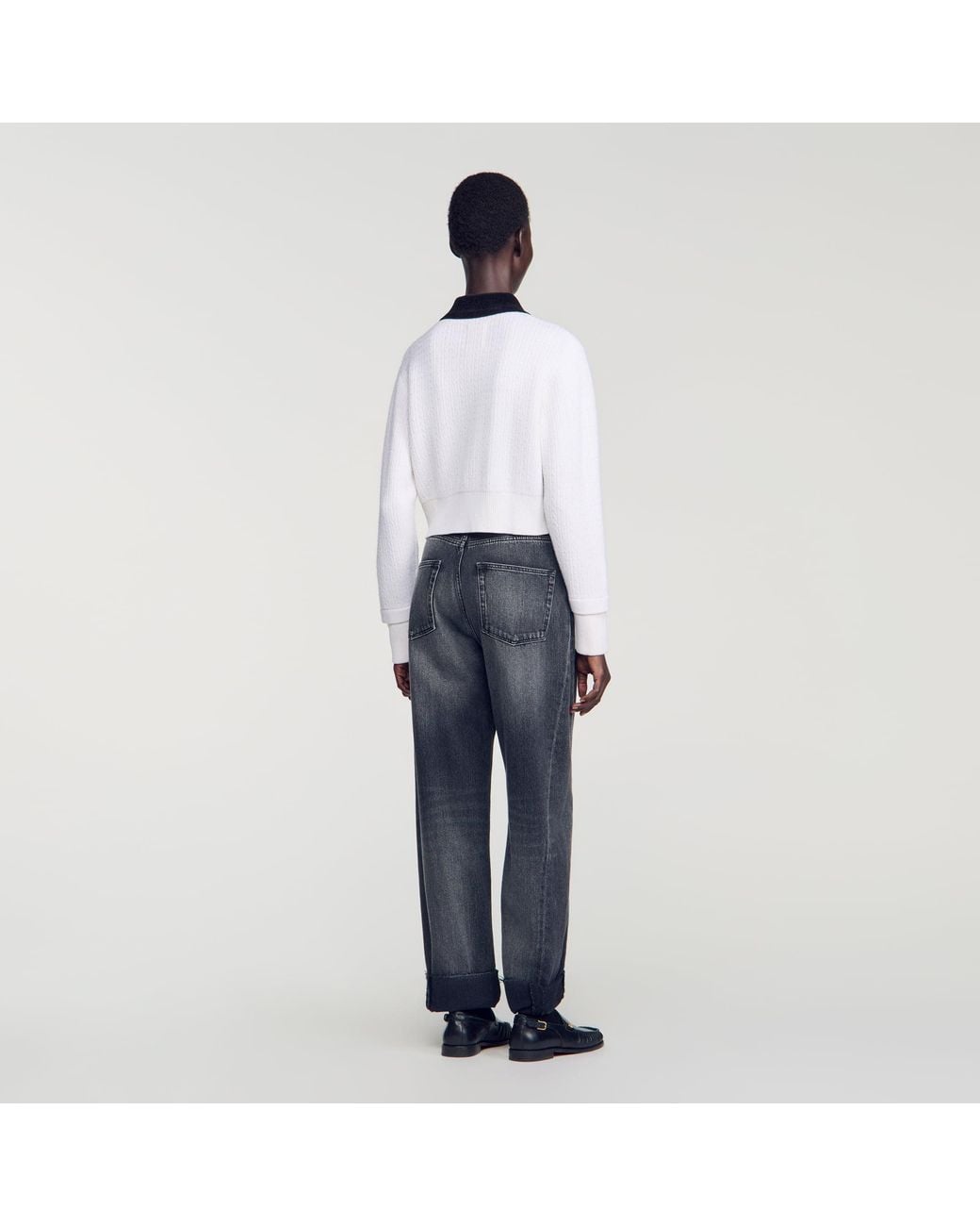 Sandro Blue Cable Knit Velvet Collar Cardigan
