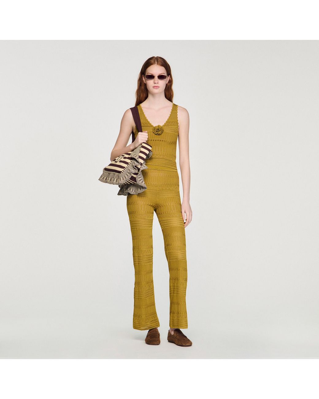 Sandro Metallic Floral Pointelle Knit Top