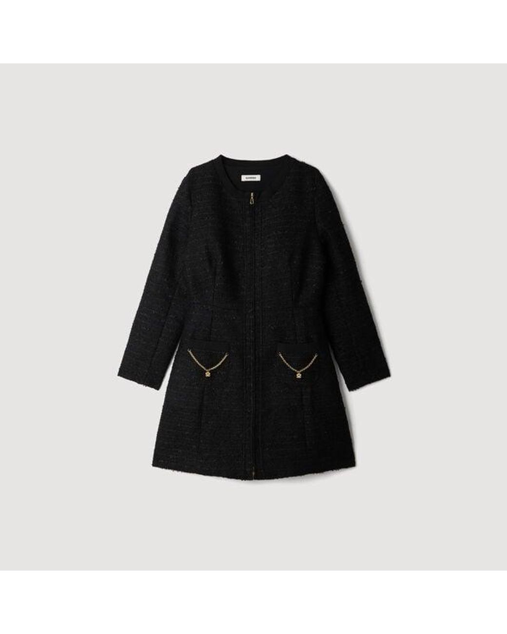 Sandro Black Tweed Dress With Metal Chain