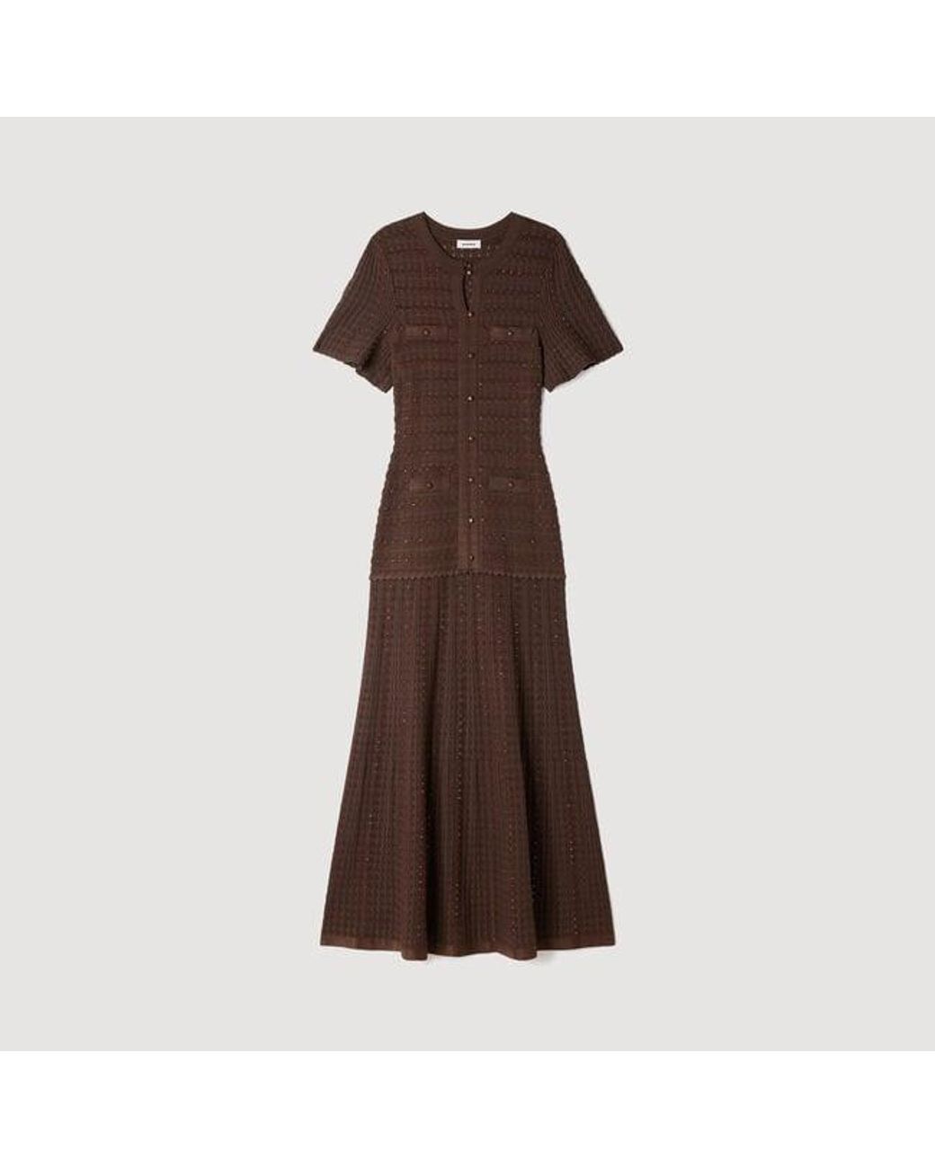 Sandro Brown Rhinestone Knit Maxi Dress