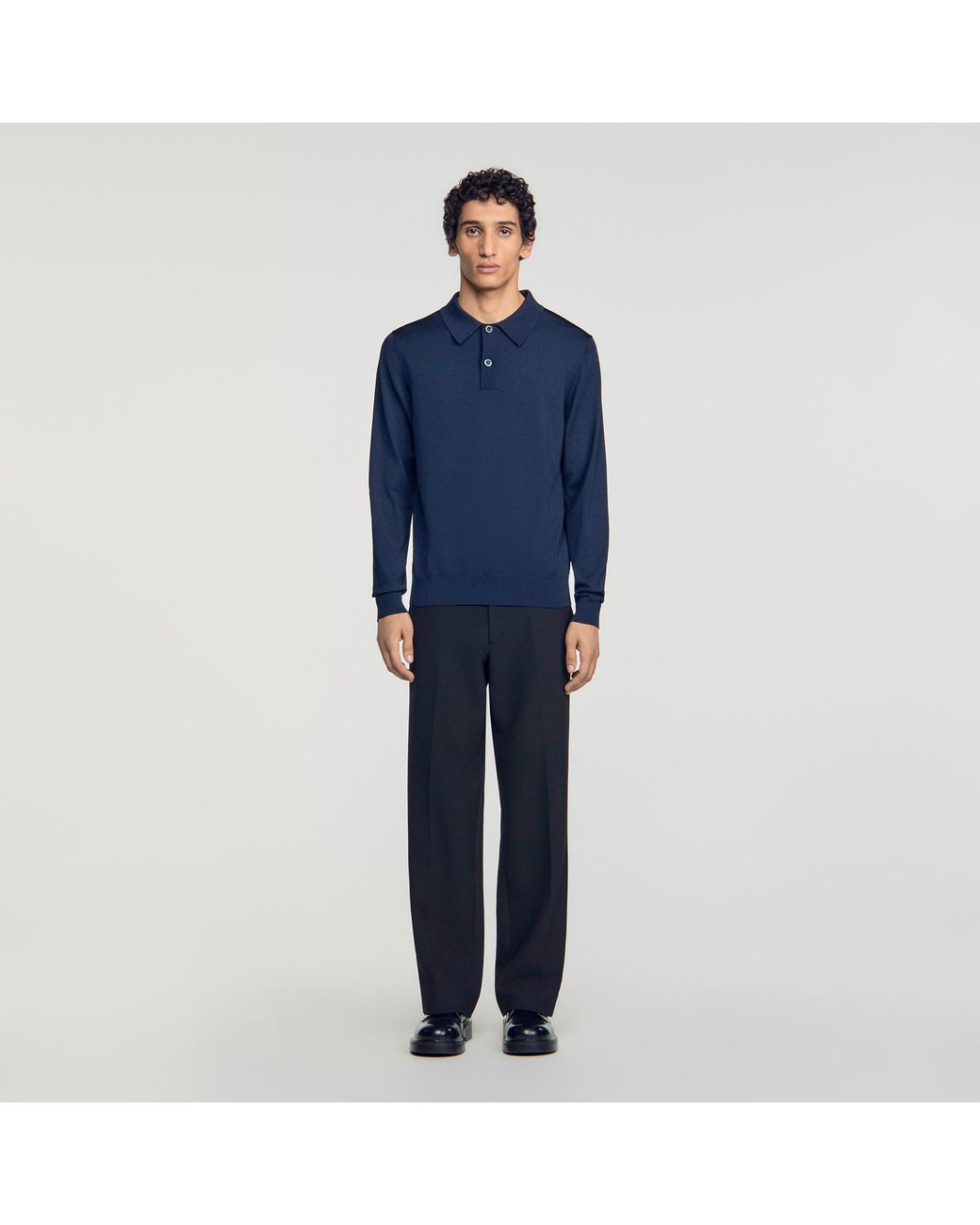 Sandro Blue Long-Sleeved Knitted Polo Shirt for men