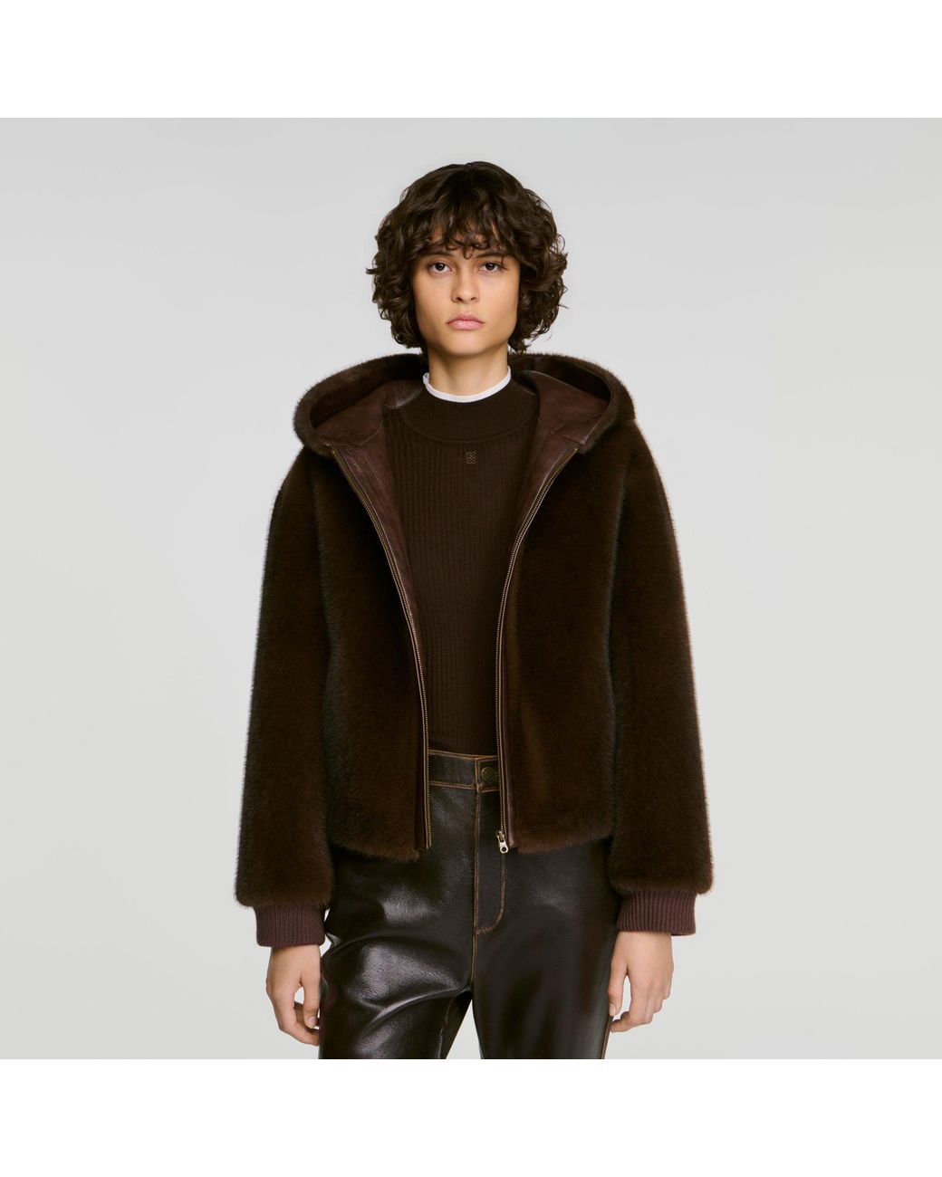 Sandro Red Faux Fur Coat With Hood