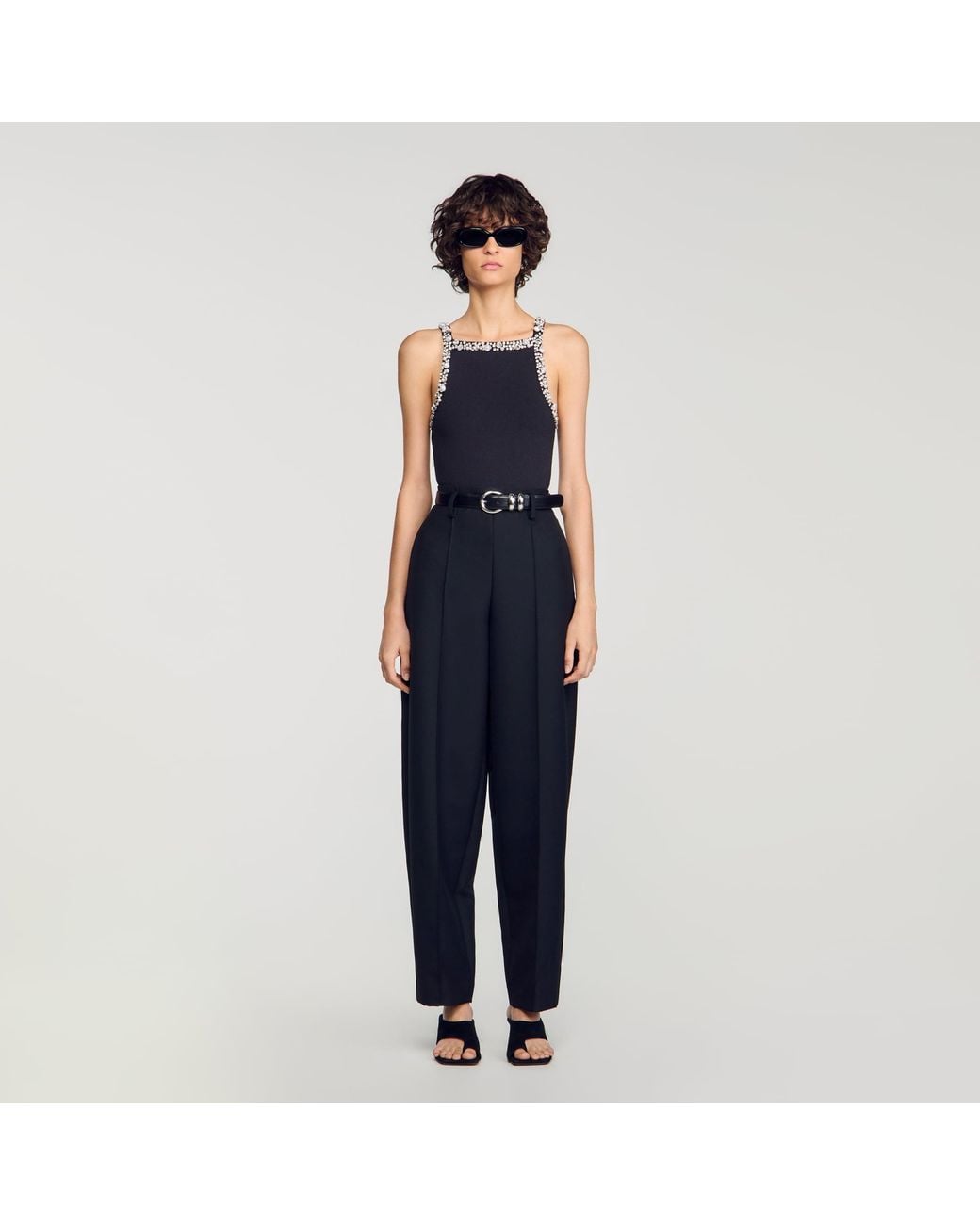 Sandro Blue Bead And Rhinestone Knit Bodysuit