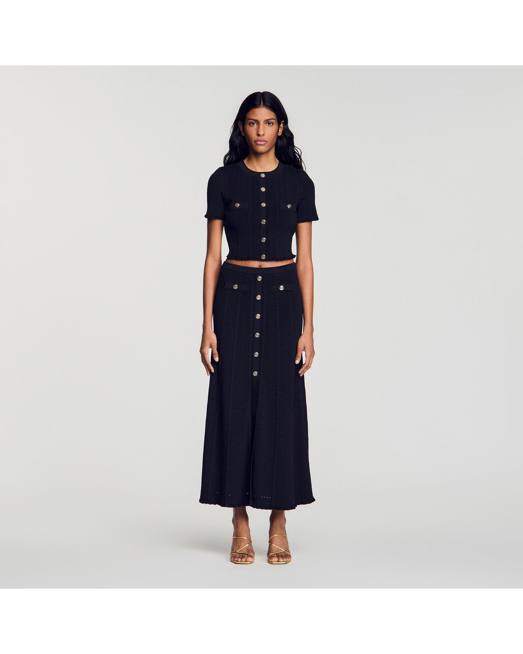 Sandro Blue Cropped Pointelle Knit Cardigan