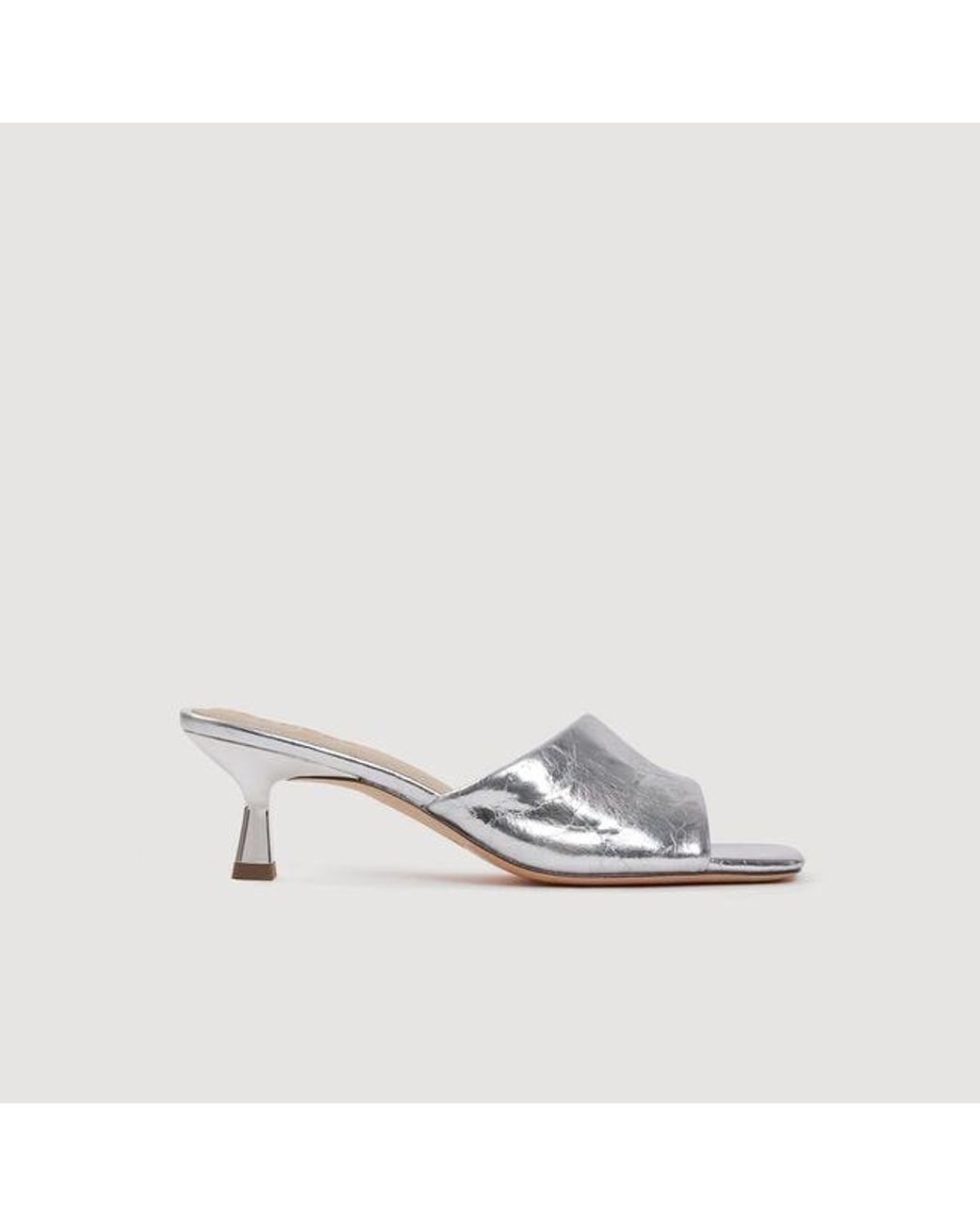Sandro White Heeled Metallic Leather Mules