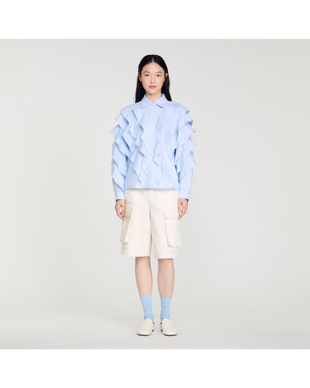 Sandro Blue Ruffled Cotton Shirt