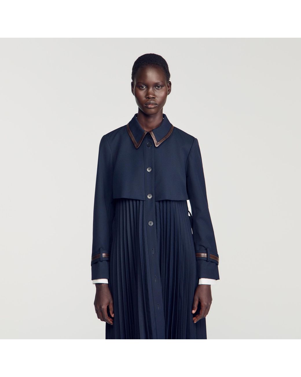 Sandro Blue Trench With Pleated Leather Collar