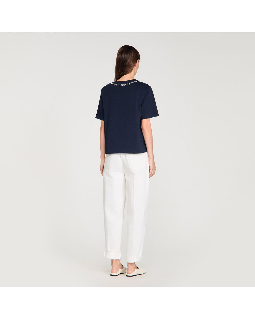Sandro Blue Rhinestone Openwork T-Shirt