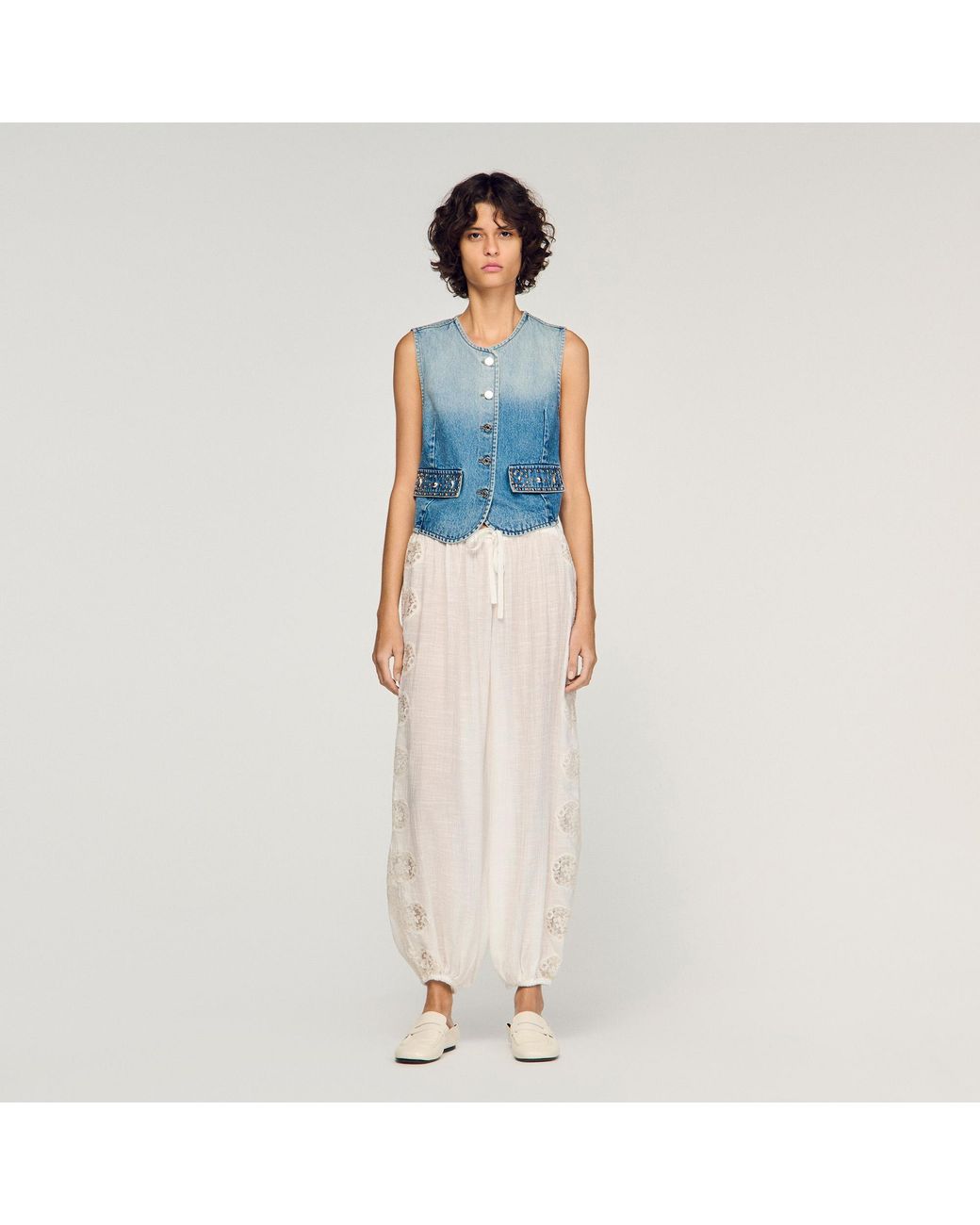 Sandro Blue Crinkled Wide-Leg Trousers
