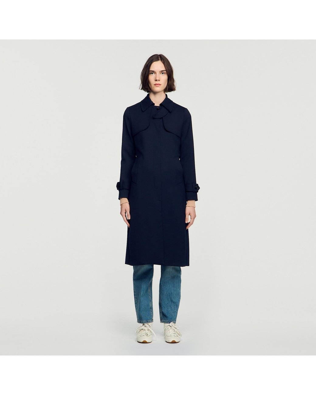 Sandro Blue Trench Coat With Pleated Inset