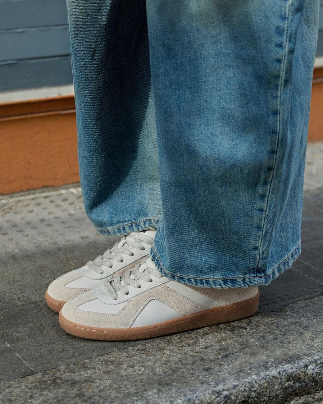 Sans Matin White Leto Low Top Trainers, For Stone Suede, Smooth Stone Leather, Denim Nubuck Leather