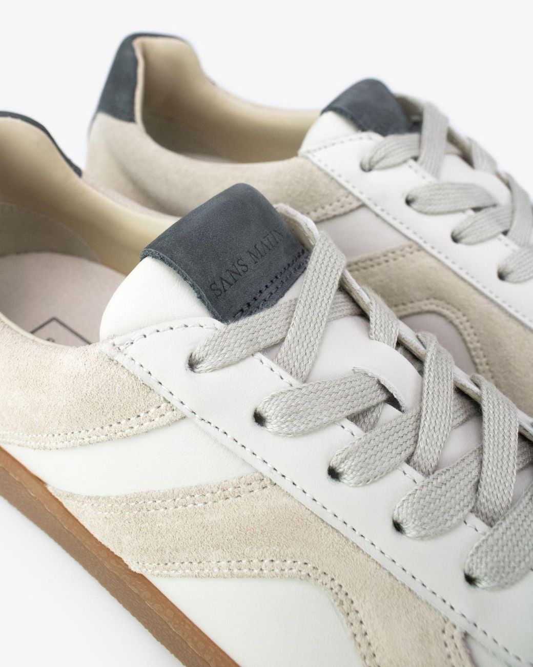 Sans Matin White Leto Low Top Trainers, For Stone Suede, Smooth Stone Leather, Denim Nubuck Leather