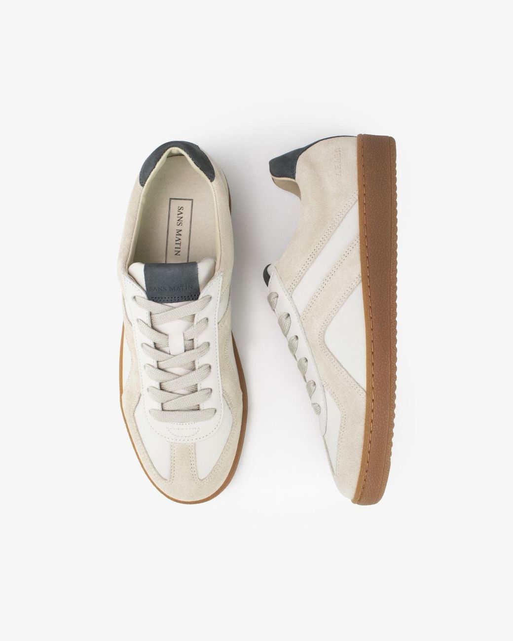 Sans Matin White Leto Low Top Trainers, For Stone Suede, Smooth Stone Leather, Denim Nubuck Leather