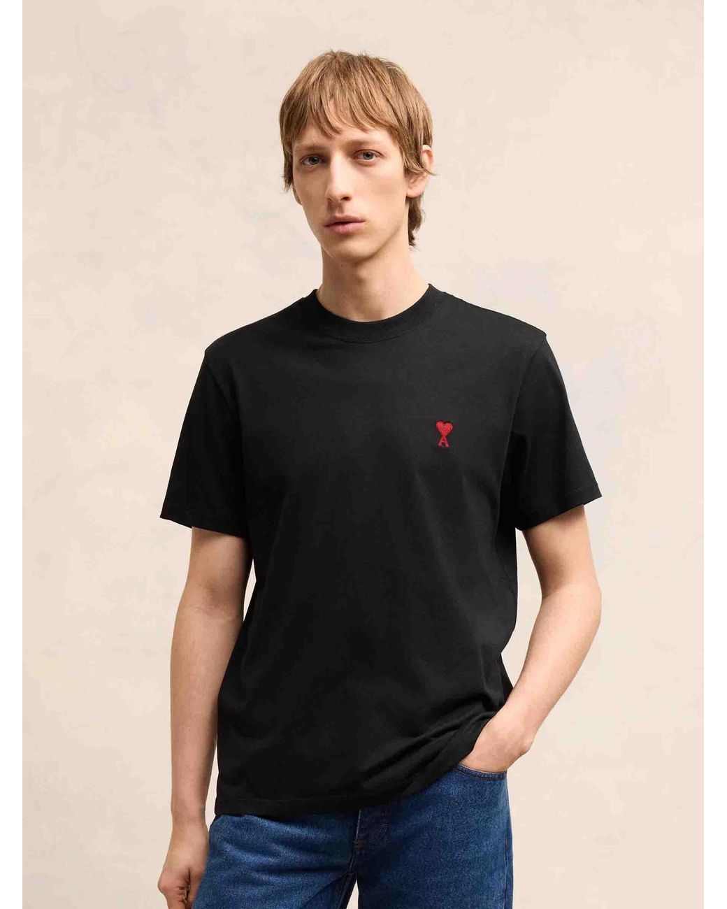 AMI Black Cotton Logo T-Shirt for men