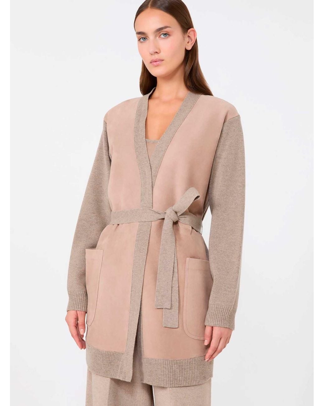 Max Mara Natural Cashmere Wool Cardigan With Suede