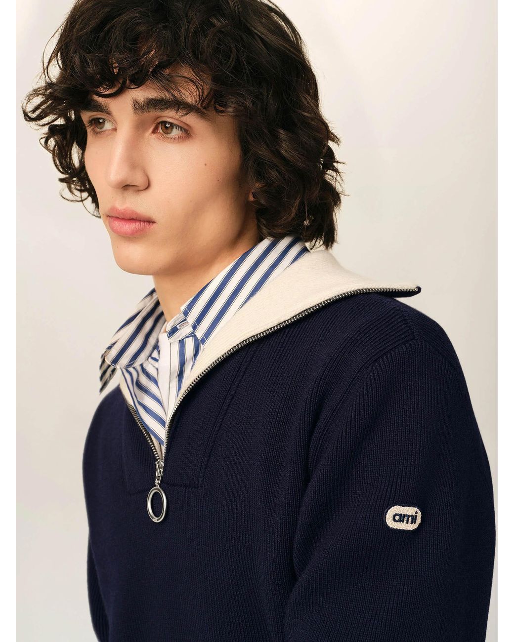AMI Blue Woolen Zip-Up Sweater