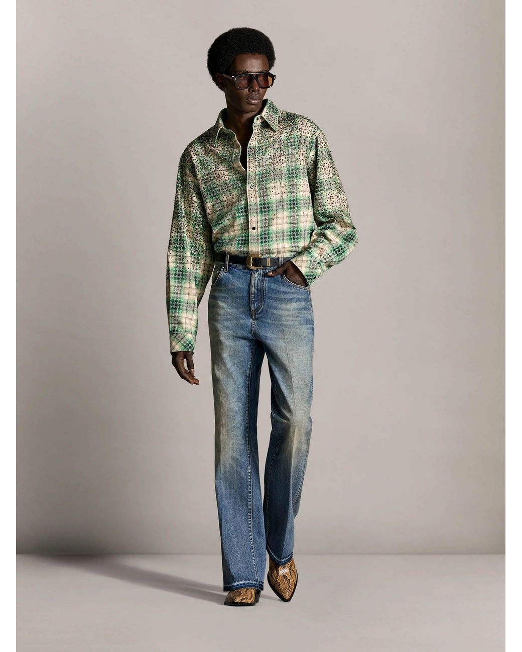 Amiri Green Cotton Shirt With Crystals for men