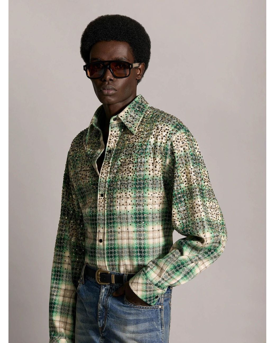 Amiri Green Cotton Shirt With Crystals for men