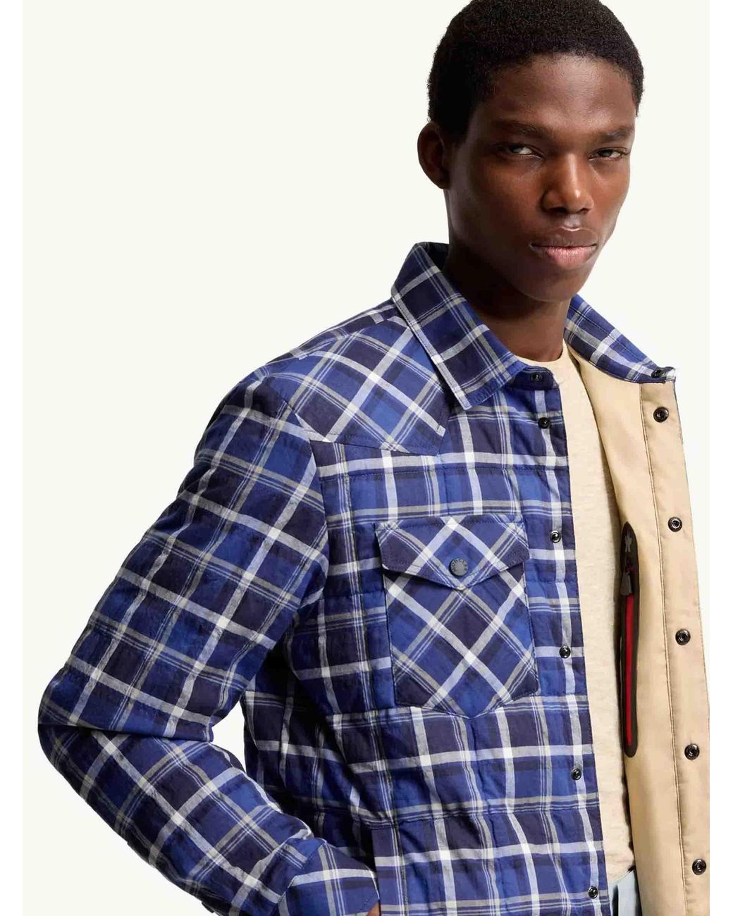 Moncler Blue Quilted Plaid Overshirt for men