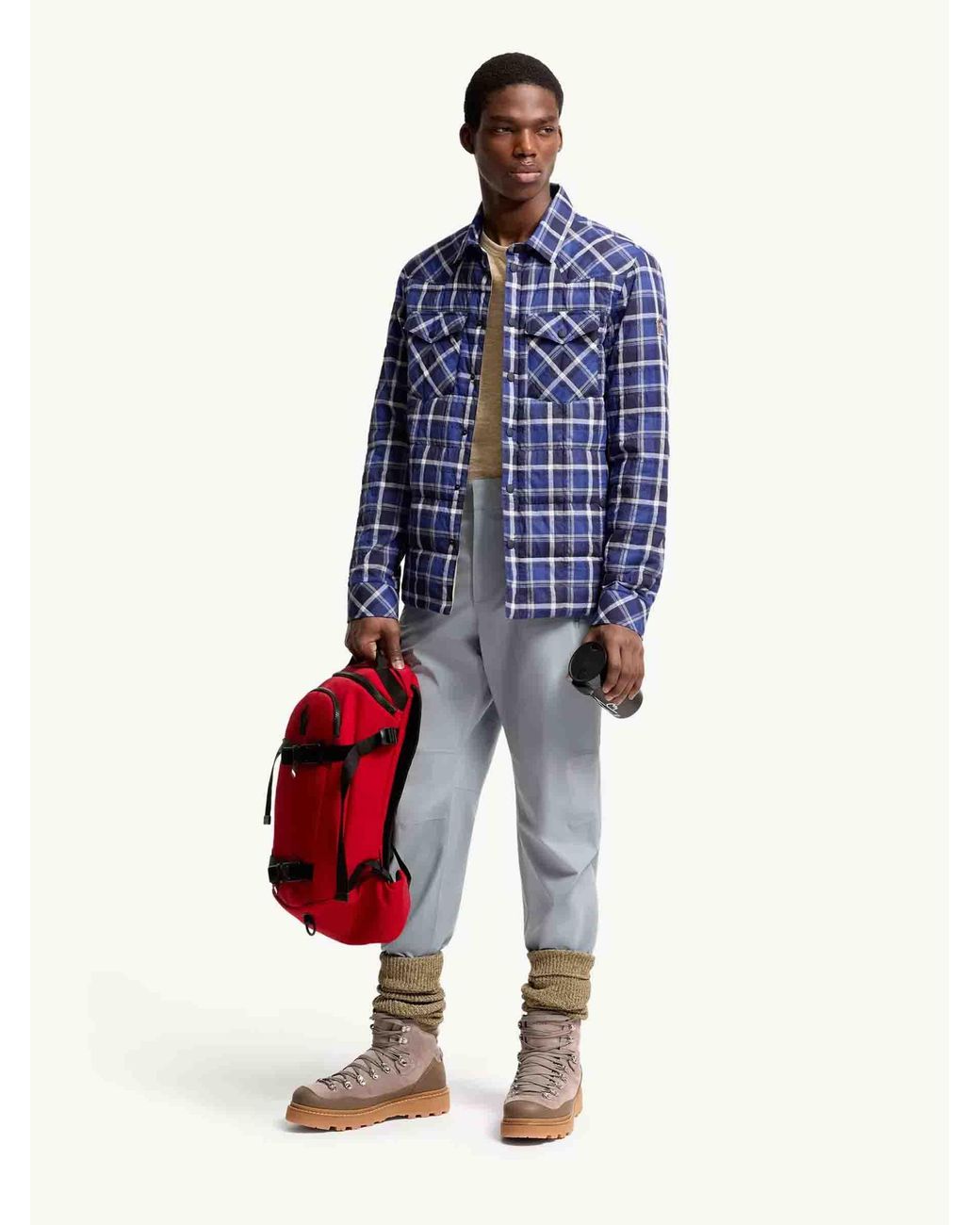 Moncler Blue Quilted Plaid Overshirt for men