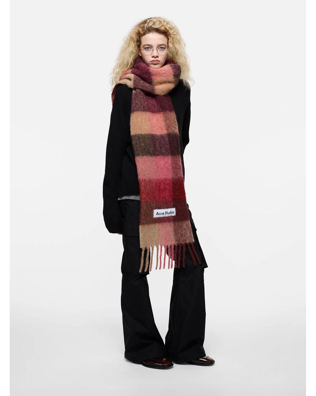 Acne Red Wool Plaid Scarf