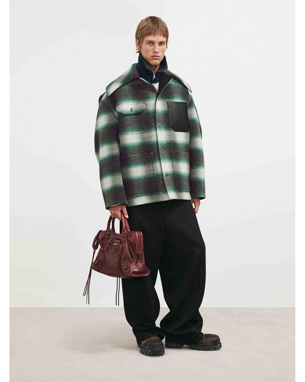 Balenciaga Green Short Plaid Coat for men